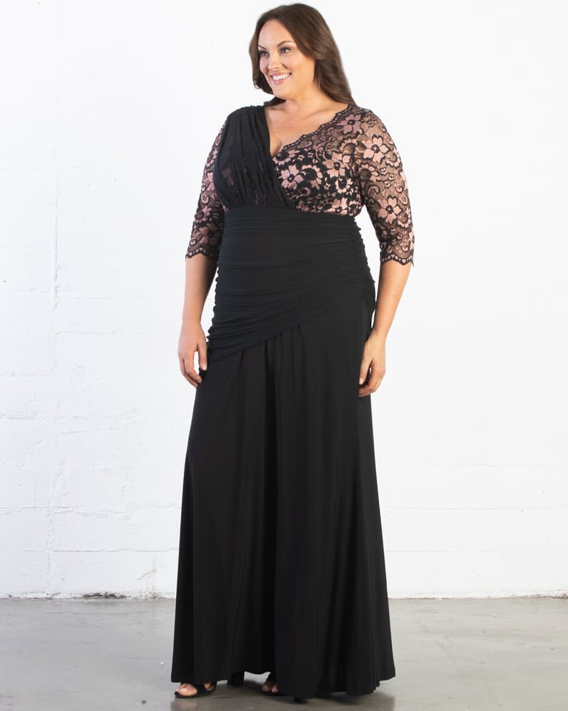 Front of a model wearing a size 0X Soiree Evening Gown in ROSE GOLD by Kiyonna. | dia_product_style_image_id:287497